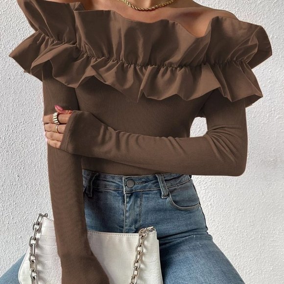 Coffee Brown Preppy Womens off shoulder blouse top - Picture 1 of 5